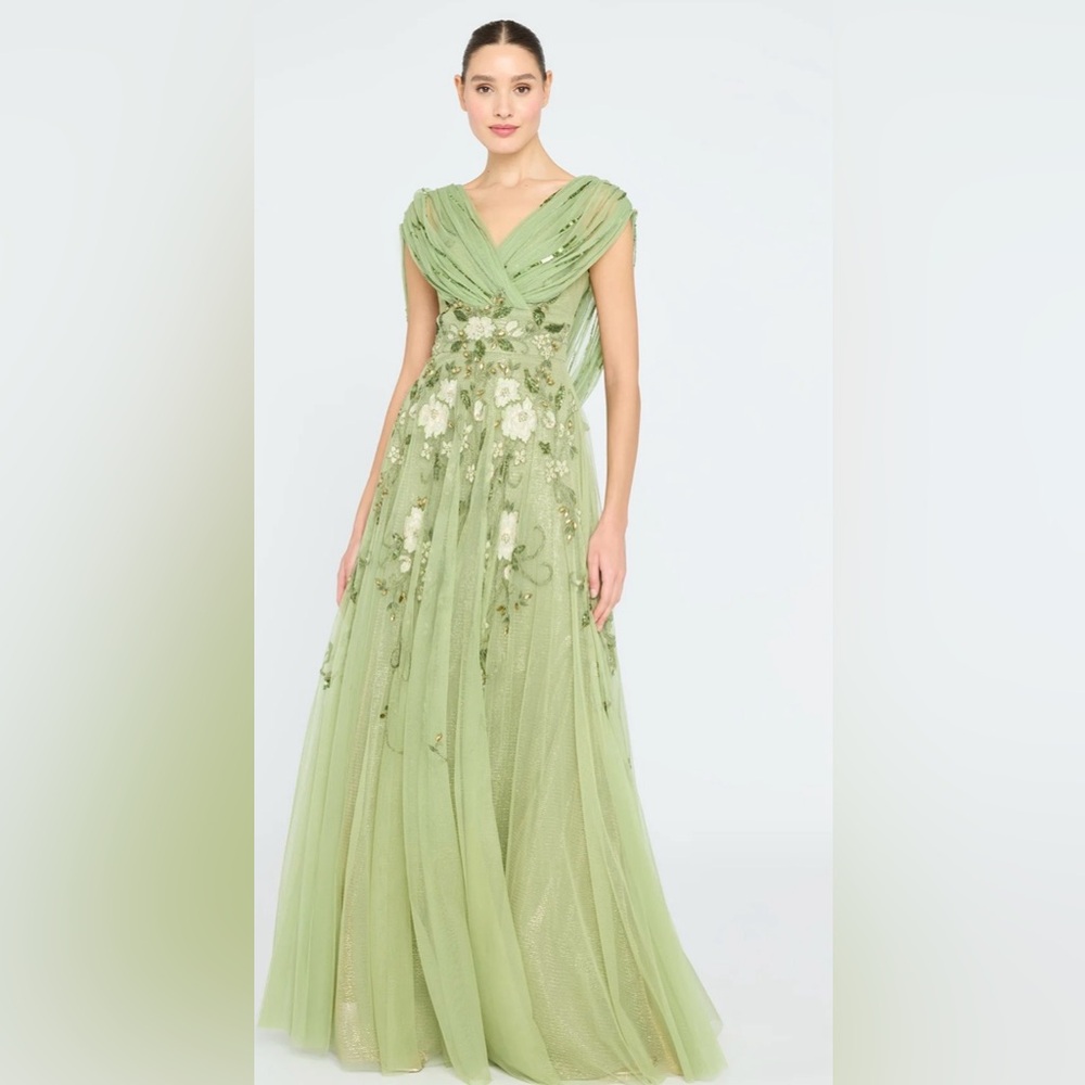 Theia Jenna V Neck Beaded Green Dress